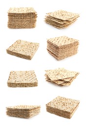 Set with Passover matzos on white background. Pesach celebration