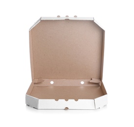 Open cardboard pizza box on white background