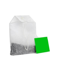 Photo of Tea bag on white background. Aromatic drink