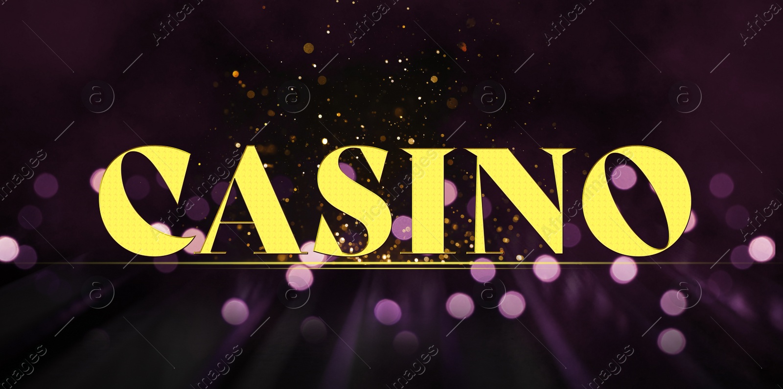 Illustration of Word Casino against blurred lights in darkness, bokeh effect. Banner design