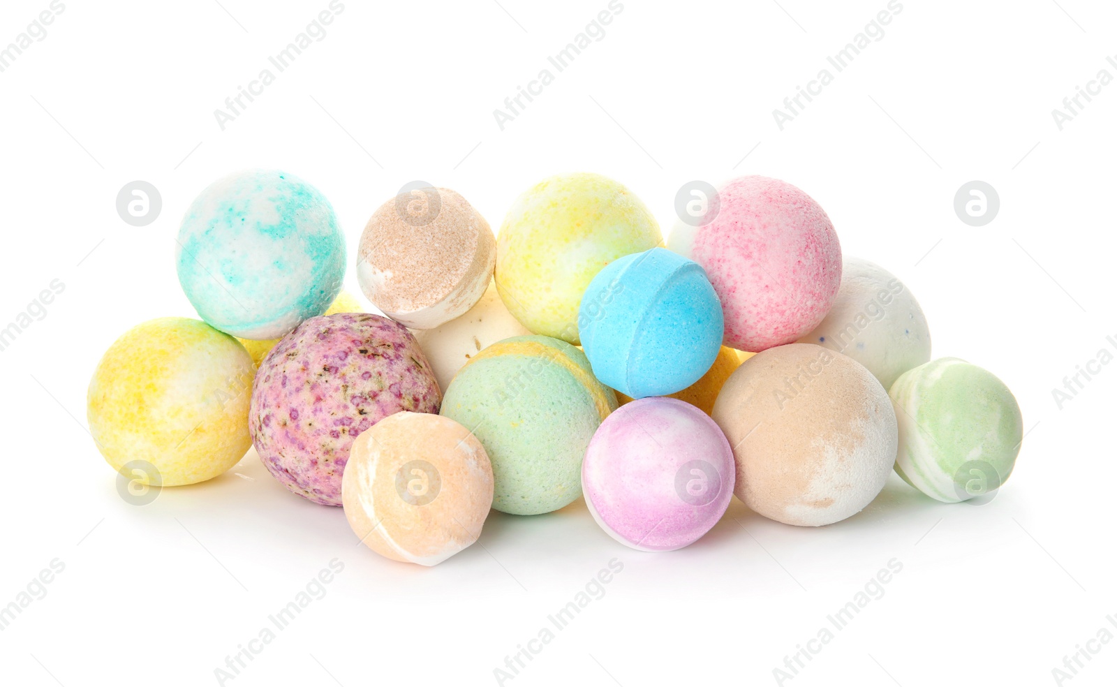 Photo of Bath bombs on white background. Spa products