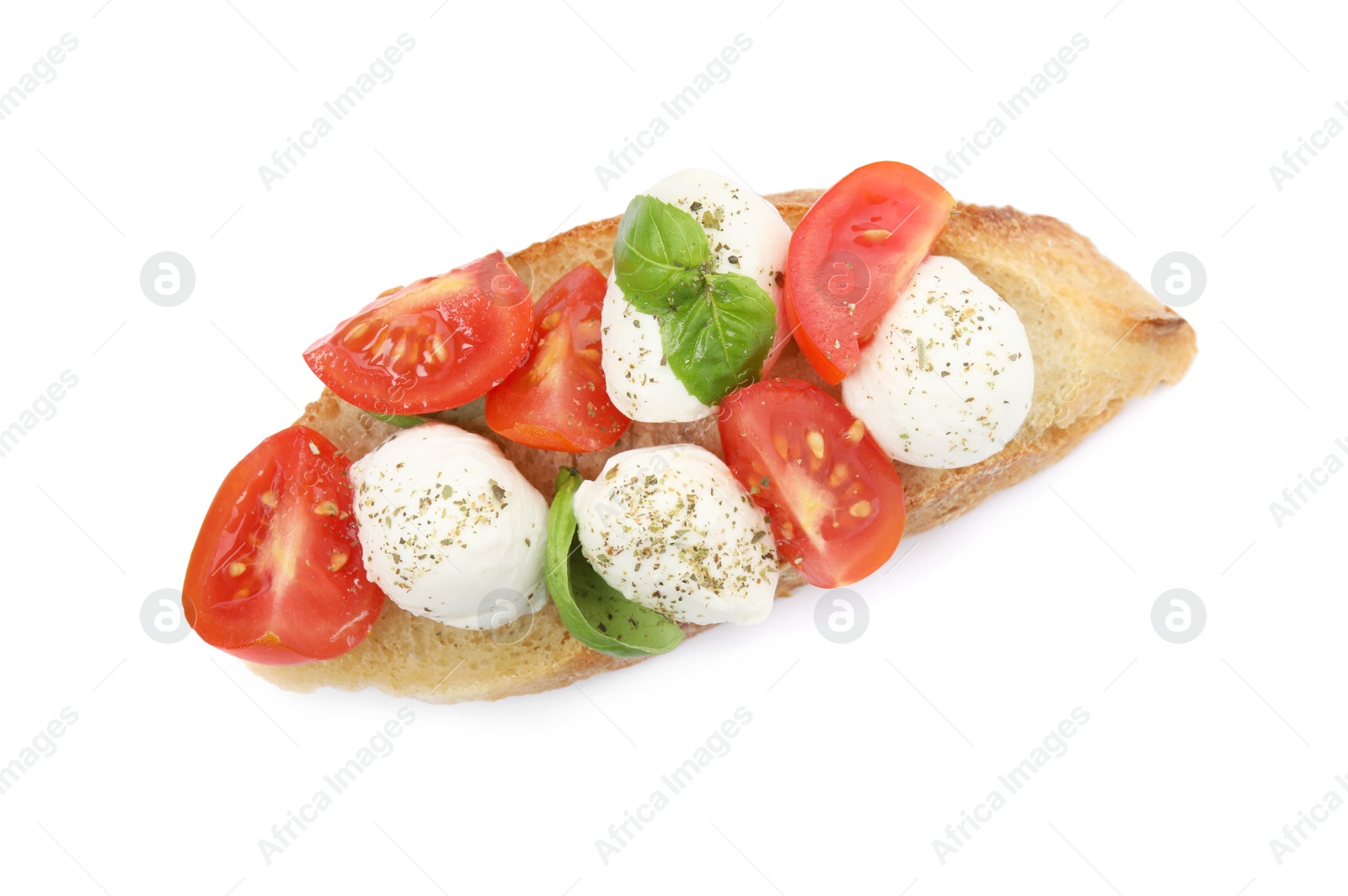 Photo of Delicious sandwich with mozzarella, fresh tomatoes and basil isolated on white, top view