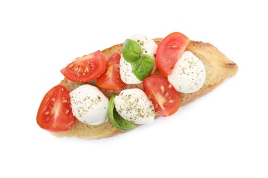 Delicious sandwich with mozzarella, fresh tomatoes and basil isolated on white, top view