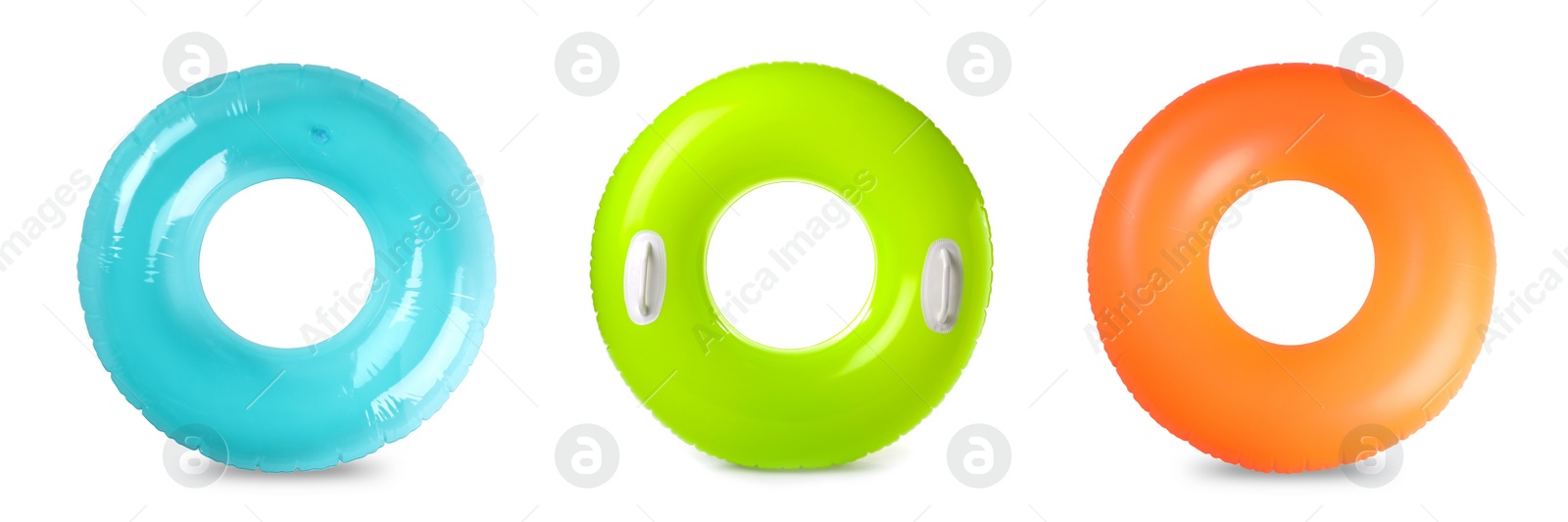 Image of Set with colorful inflatable rings on white background, top view. Banner design