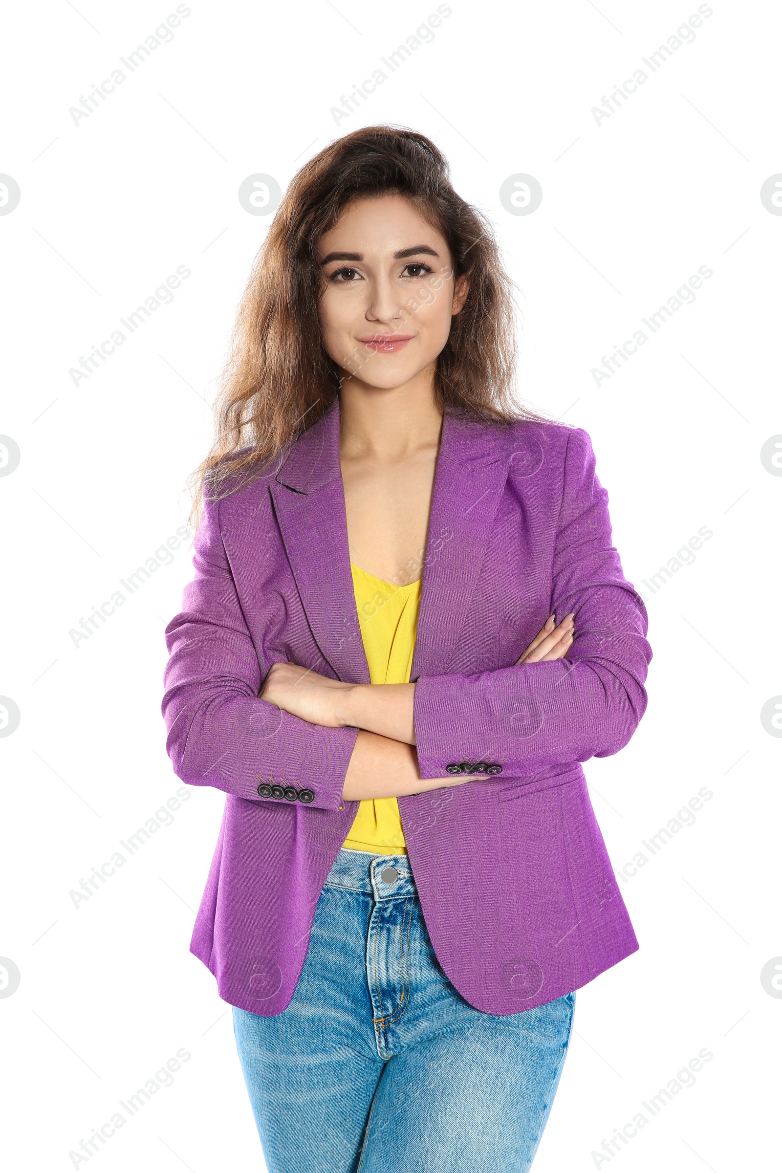 Photo of Beautiful young woman in stylish clothes on white background