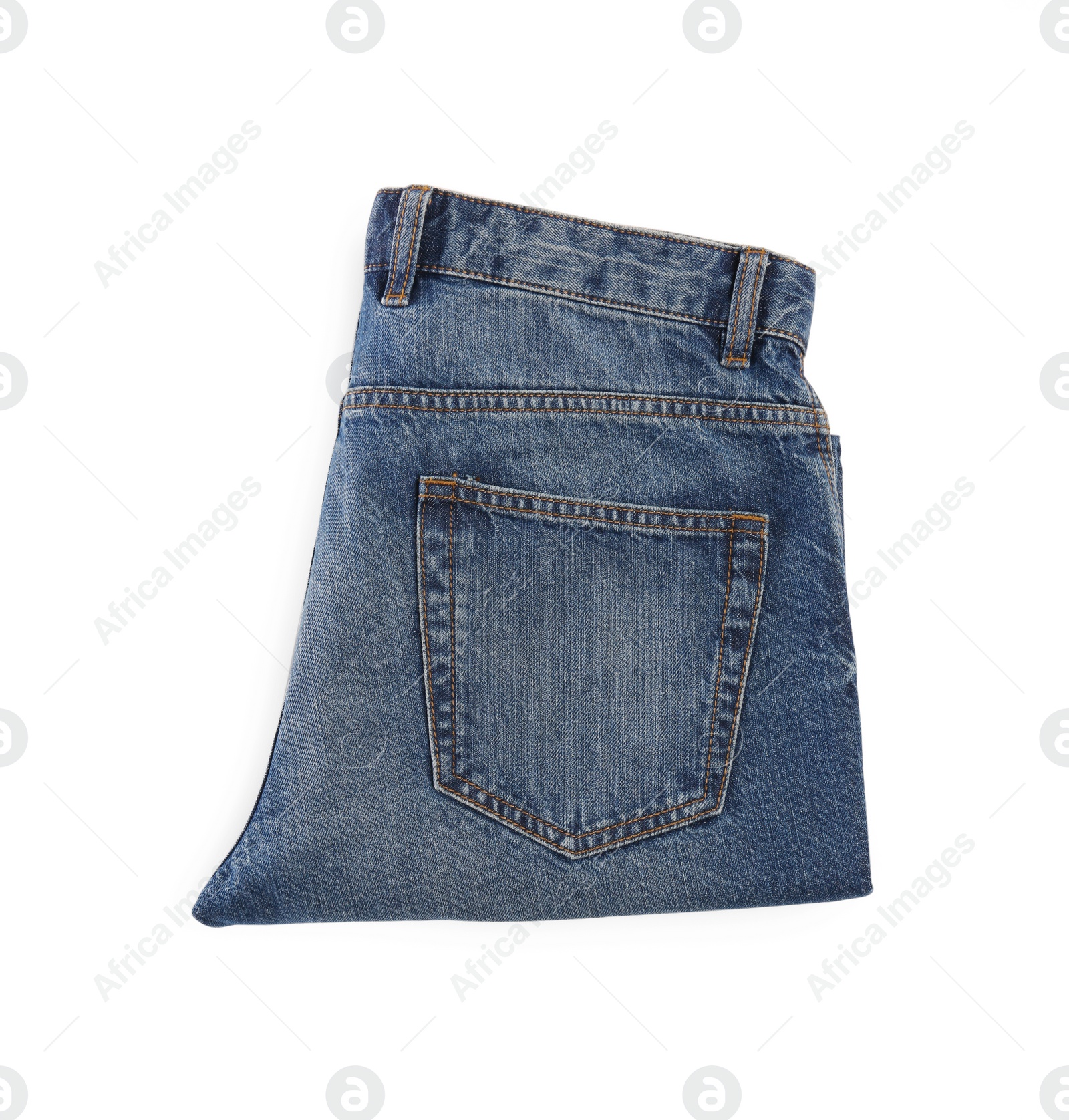 Photo of Blue jeans isolated on white, top view. Stylish clothes