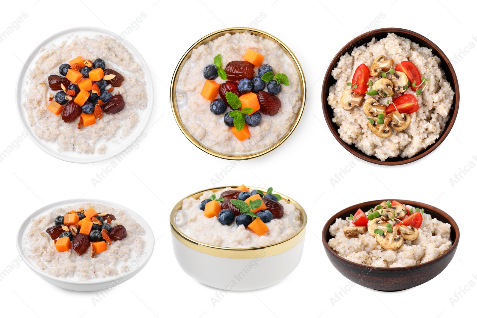 Image of Collage of cooked barley groats in bowls on white background, top and side views