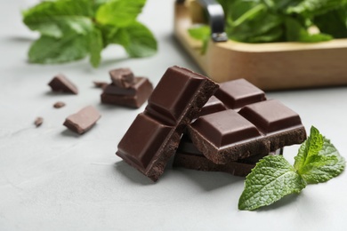 Pieces of dark chocolate with mint on gray table