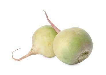 Whole fresh ripe turnips on white background