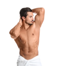 Photo of Young man with slim body on white background