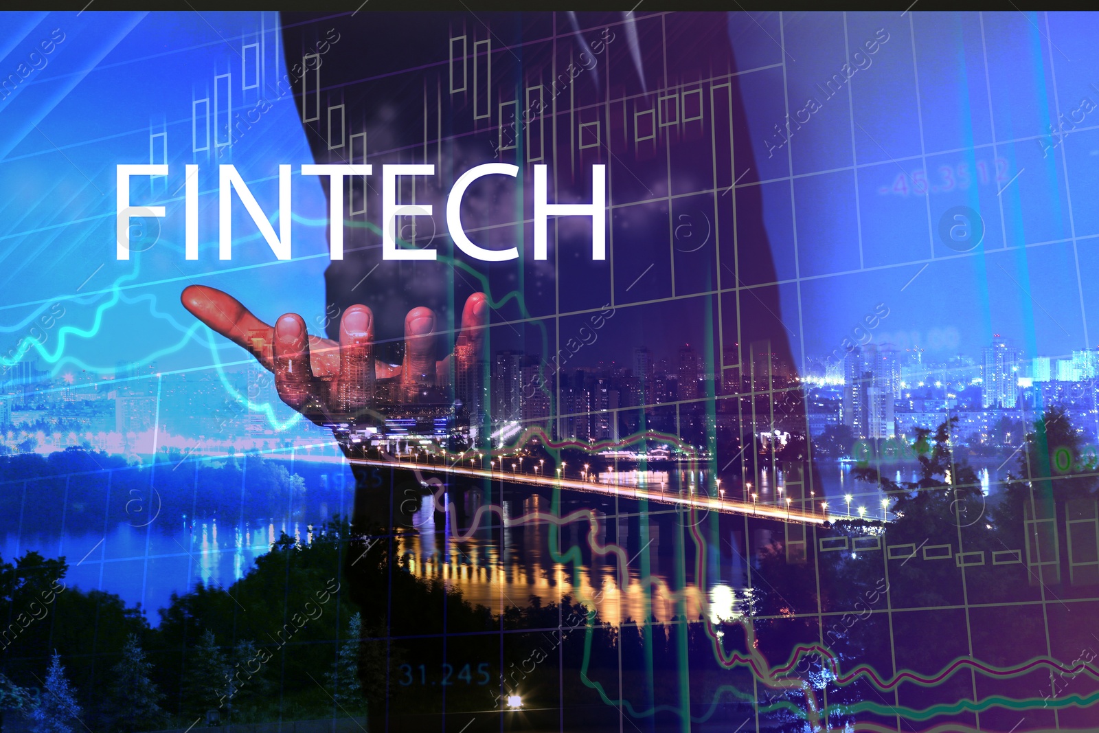 Image of Fintech concept. Double exposure of cityscape and businessman, closeup