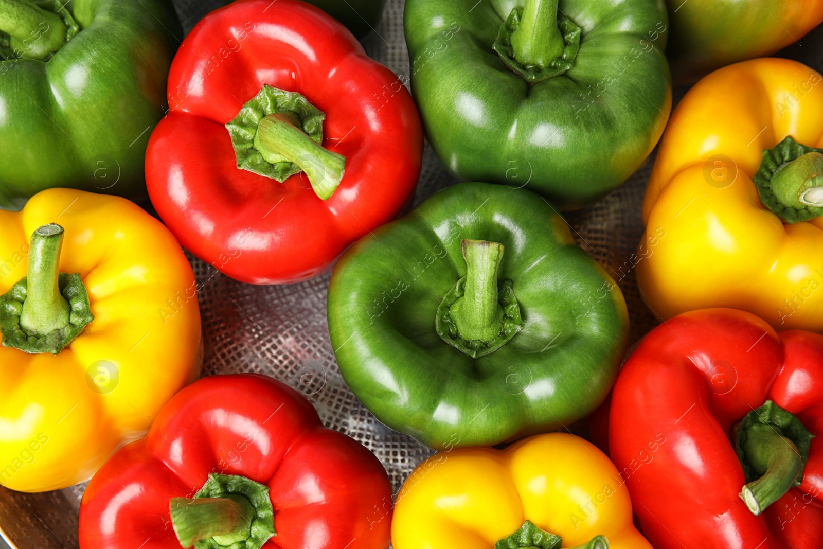 Photo of Raw ripe paprika peppers in dish, top view