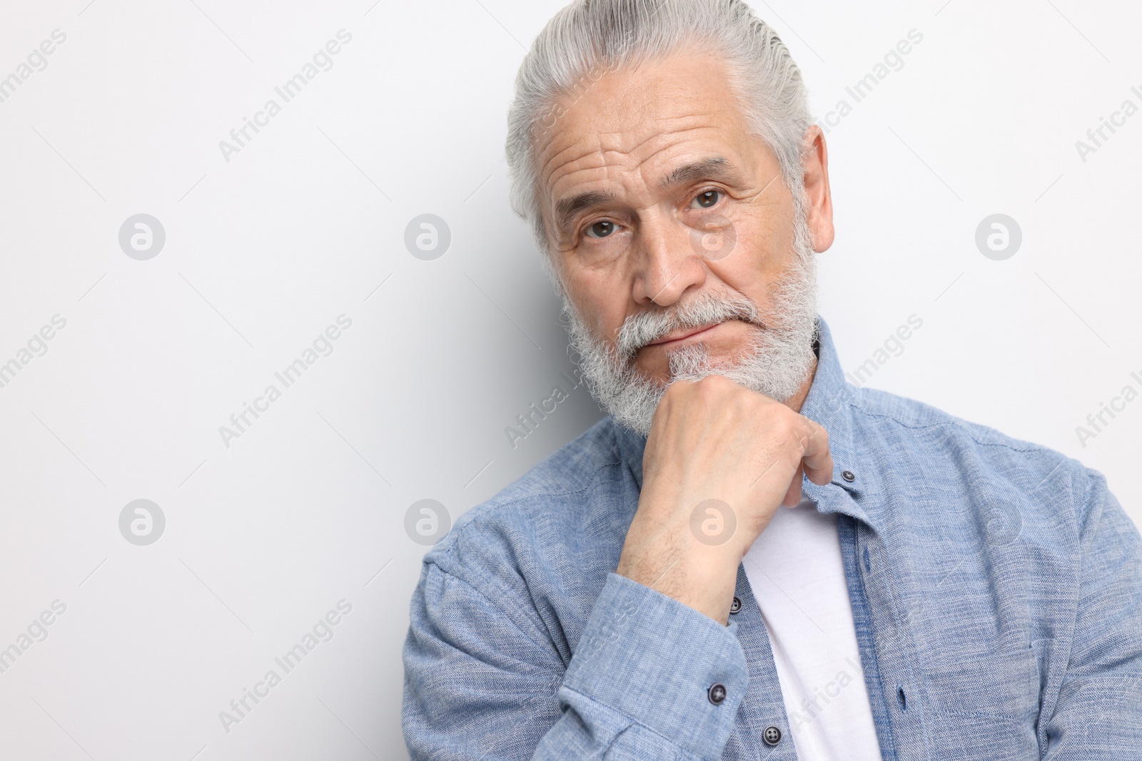 Photo of Portrait of handsome senior man on white background. Space for text