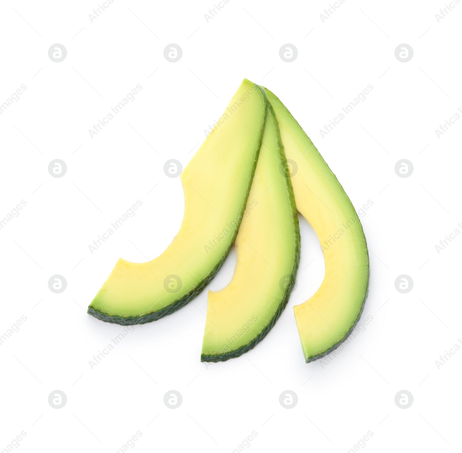 Photo of Slices of ripe avocado on white background