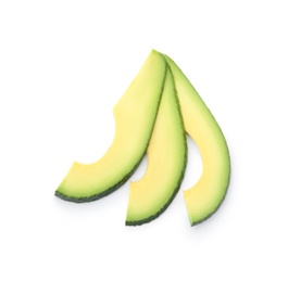 Photo of Slices of ripe avocado on white background