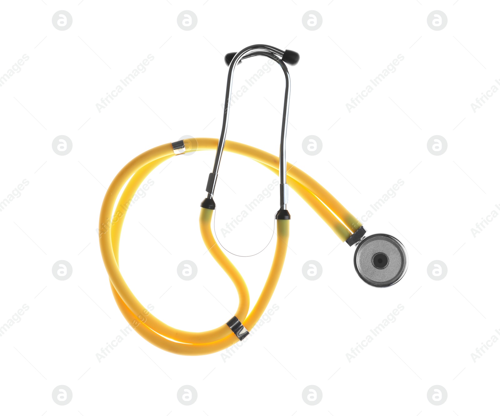 Photo of Stethoscope on white background, top view. Medical device