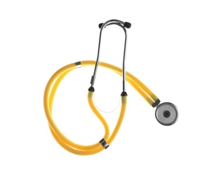 Photo of Stethoscope on white background, top view. Medical device