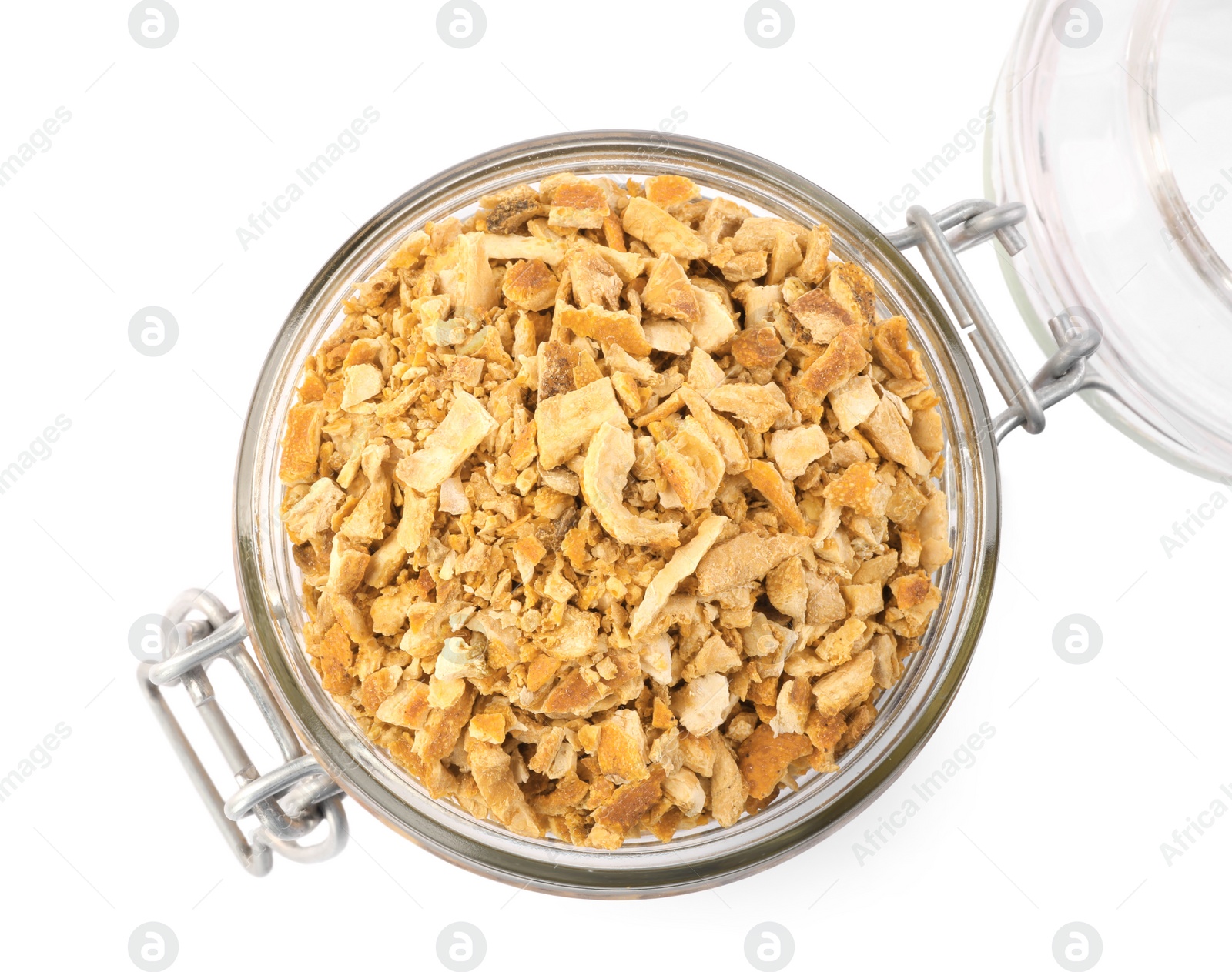 Photo of Jar of dried orange zest seasoning isolated on white, top view