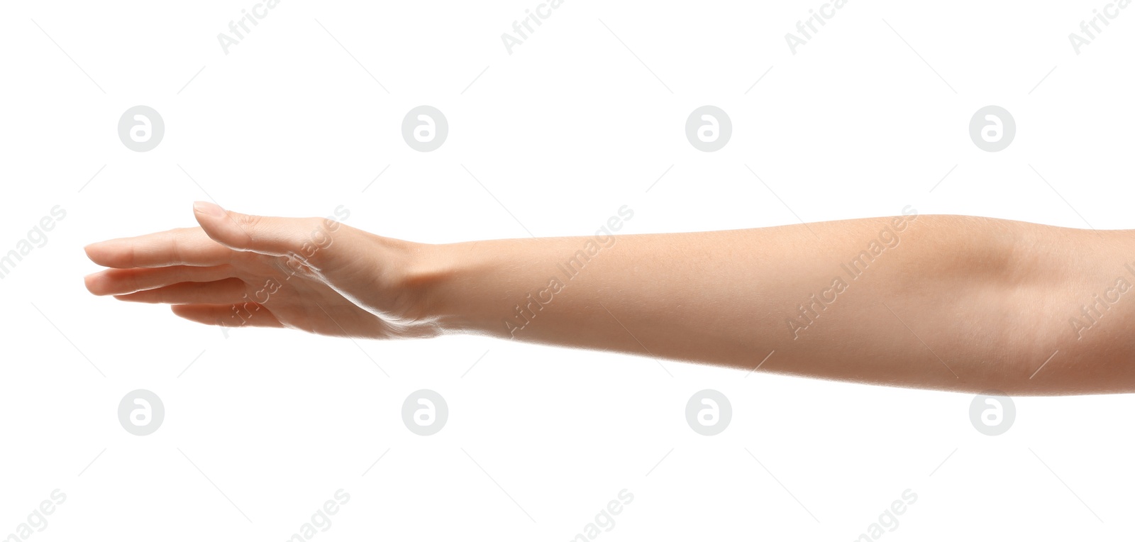 Photo of Young woman holding her hand on white background, closeup