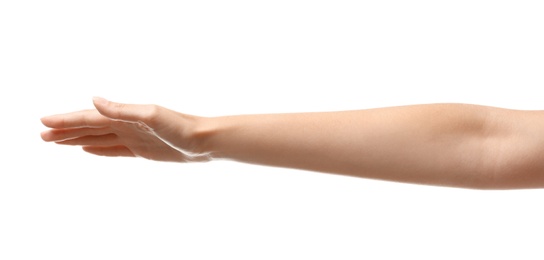 Photo of Young woman holding her hand on white background, closeup