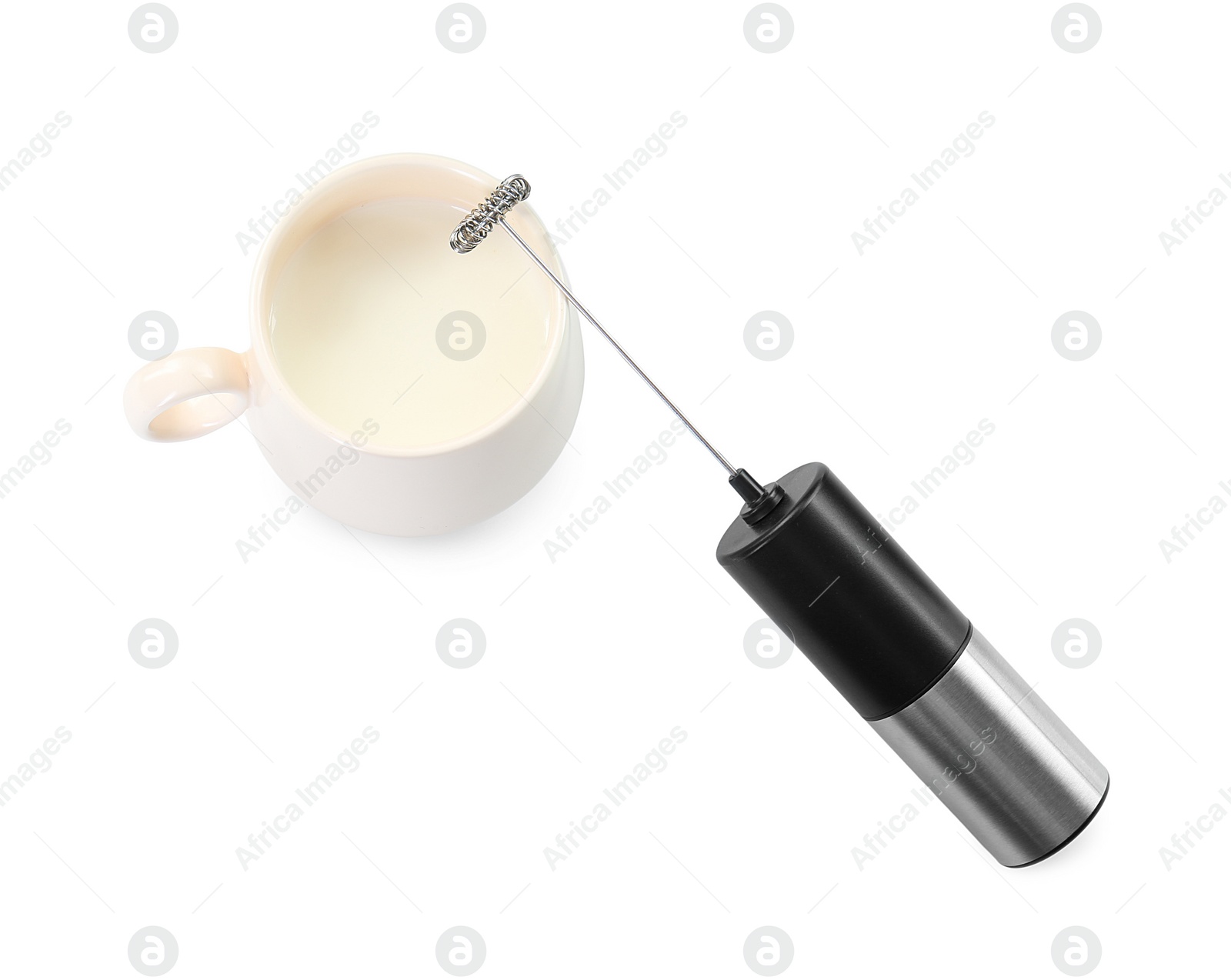 Photo of Milk frother wand and cup isolated on white, top view