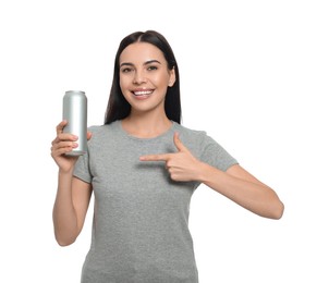 Photo of Beautiful happy woman holding beverage can on white background