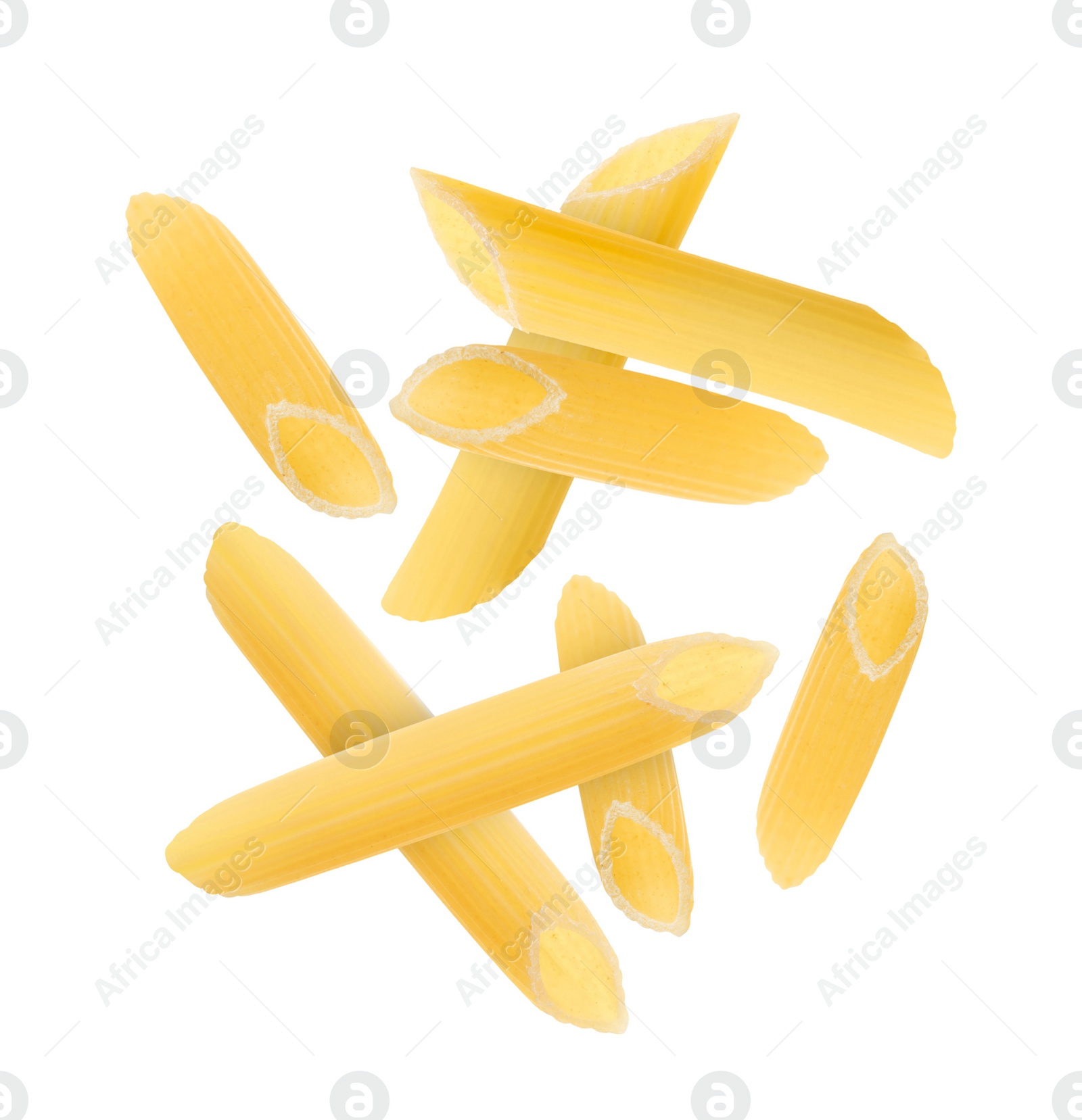 Image of Raw penne pasta flying on white background