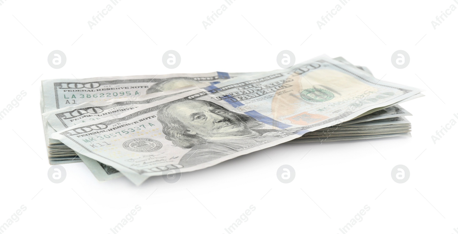 Photo of Dollar banknotes isolated on white. Money and finance