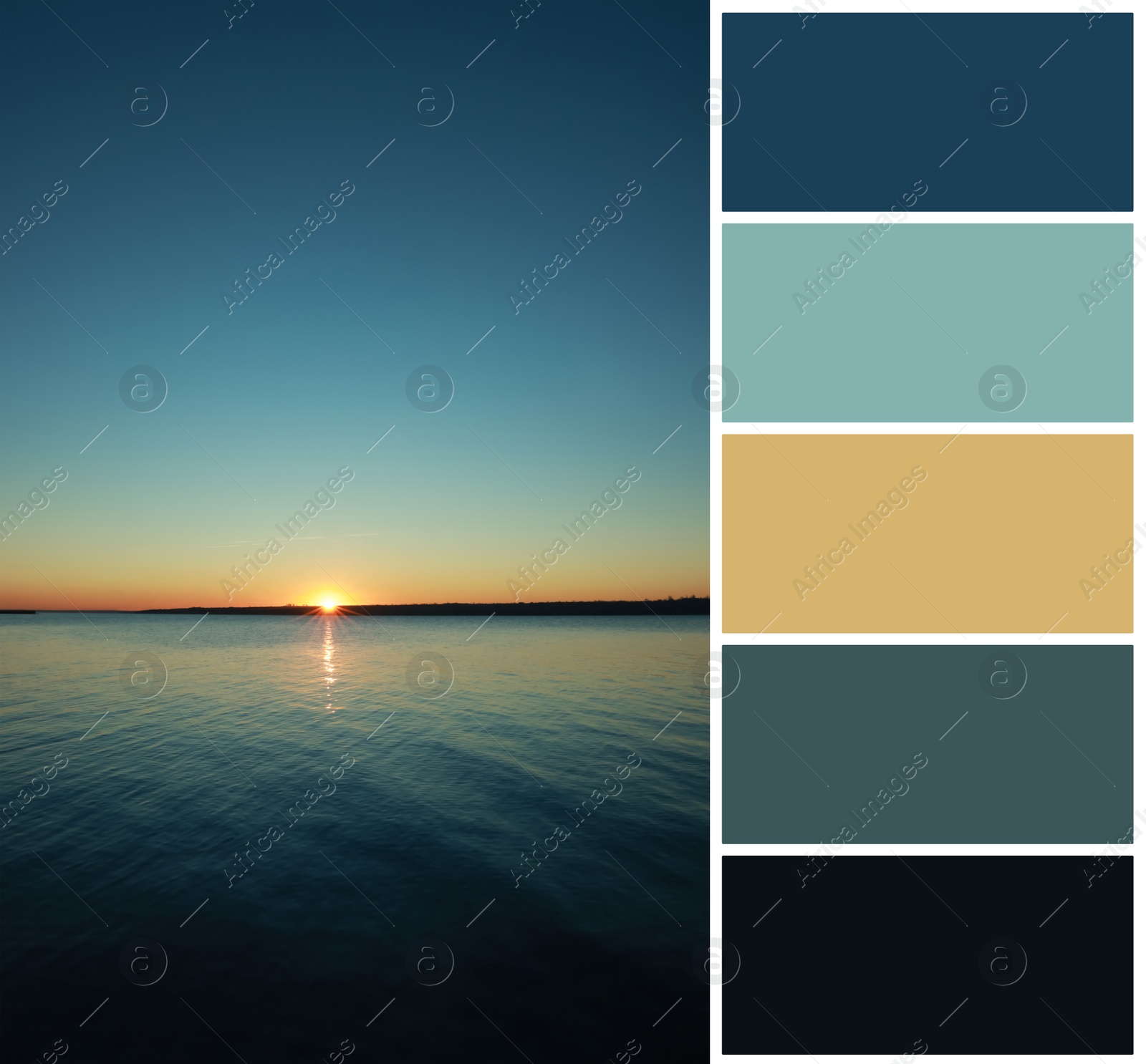 Image of Color palette appropriate to photo of beautiful sunset over calm river