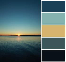 Image of Color palette appropriate to photo of beautiful sunset over calm river