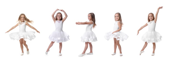 Cute little girl dancing on white background, set of photos
