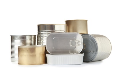 Many different tin cans on white background, mock up for design