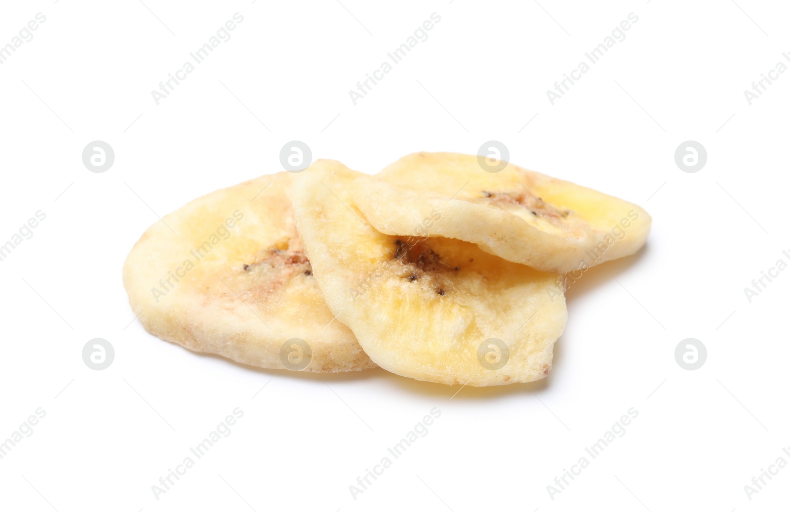 Photo of Sweet banana slices on white background. Dried fruit as healthy snack