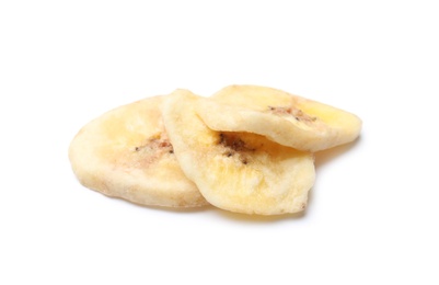 Photo of Sweet banana slices on white background. Dried fruit as healthy snack