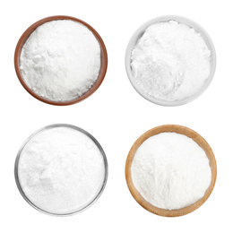 Image of Set with bowls of baking soda on white background, top view