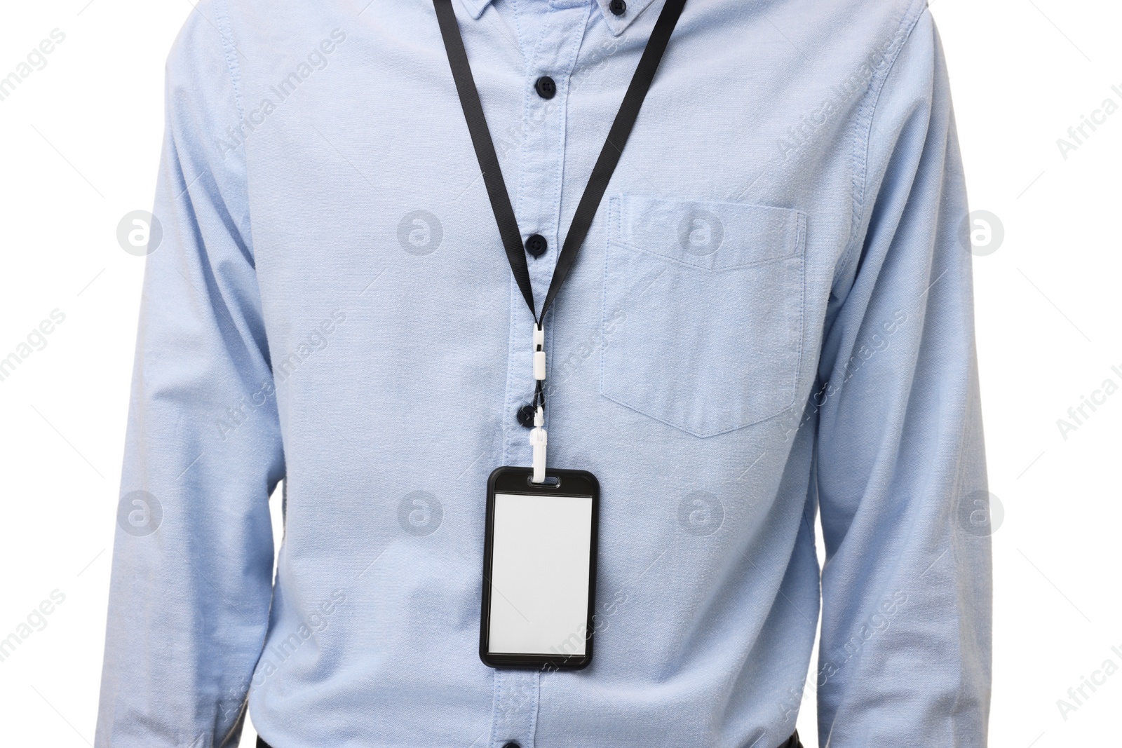 Photo of Man with blank badge on white background, closeup