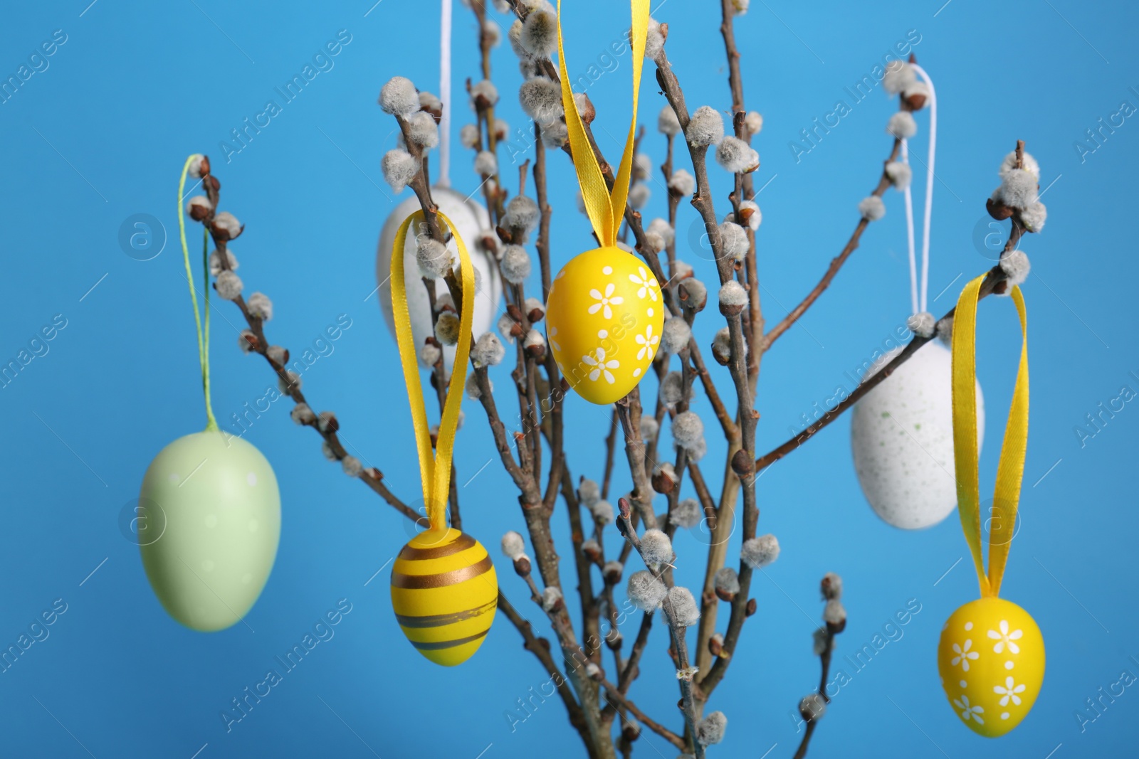 Photo of Beautiful willow branches with painted eggs on light blue background, closeup. Easter decor