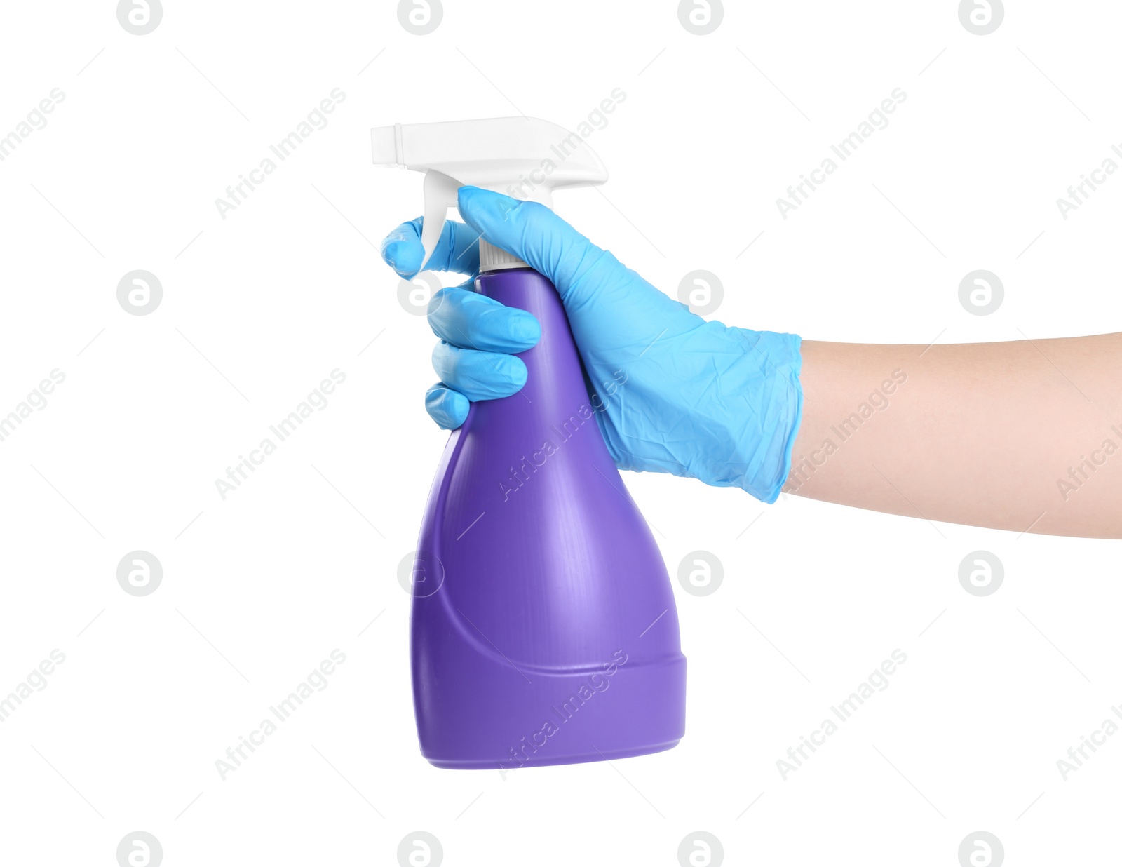 Photo of Woman in blue latex gloves with spray detergent on white background, closeup of hand