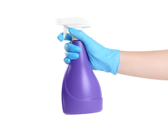 Photo of Woman in blue latex gloves with spray detergent on white background, closeup of hand