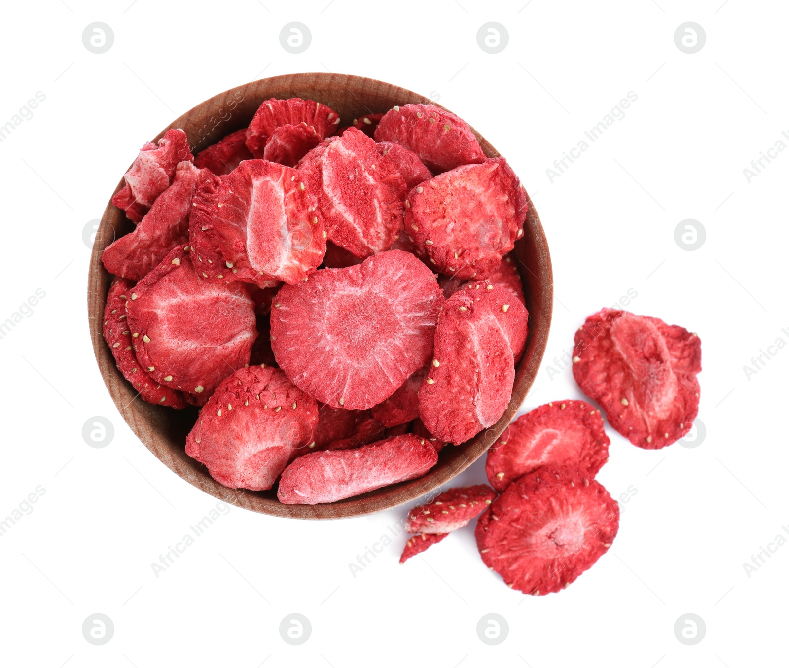 Photo of Freeze dried strawberries in bowl on white background, top view