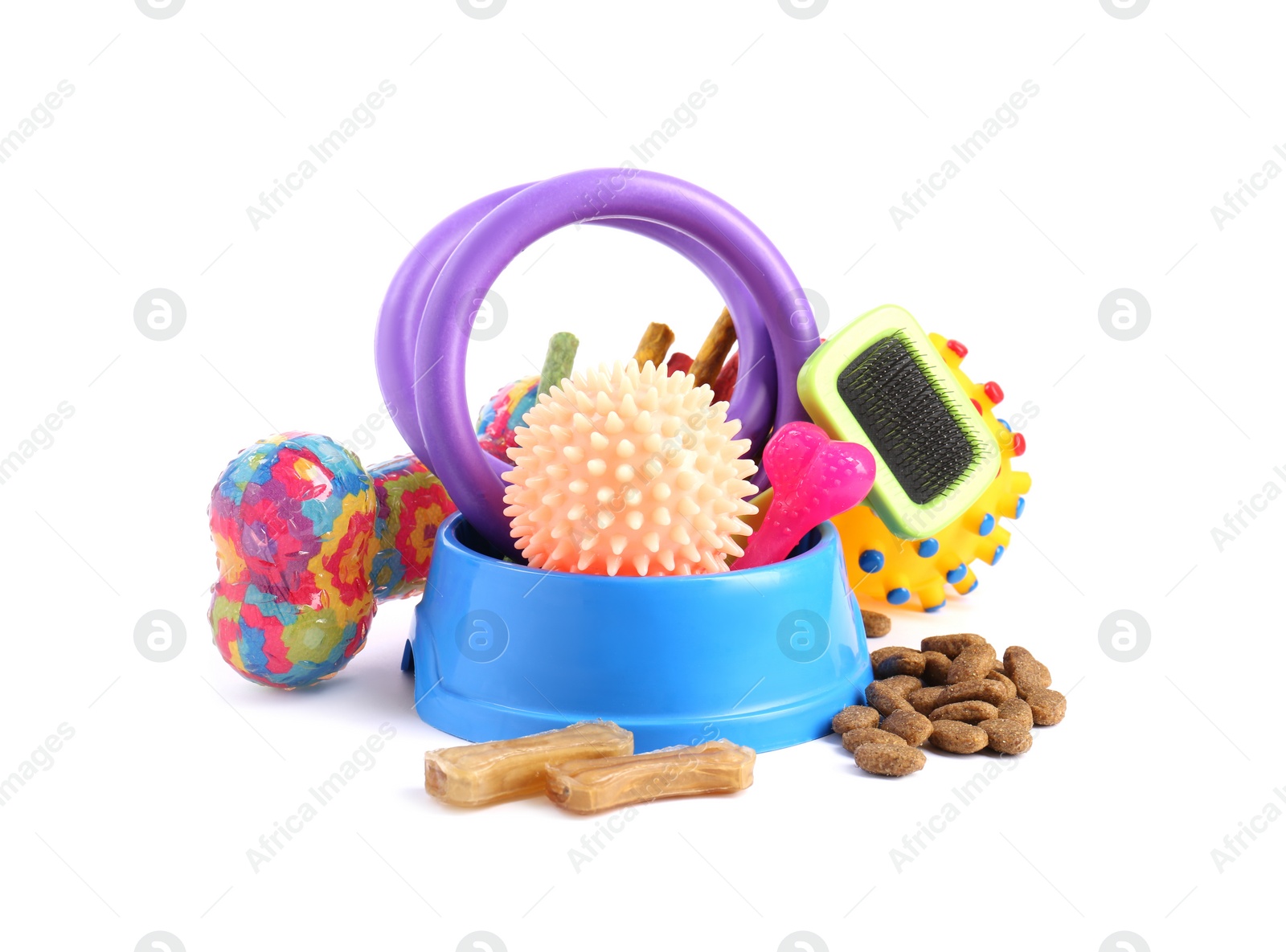 Photo of Dry pet food, toys and other goods isolated on white. Shop items