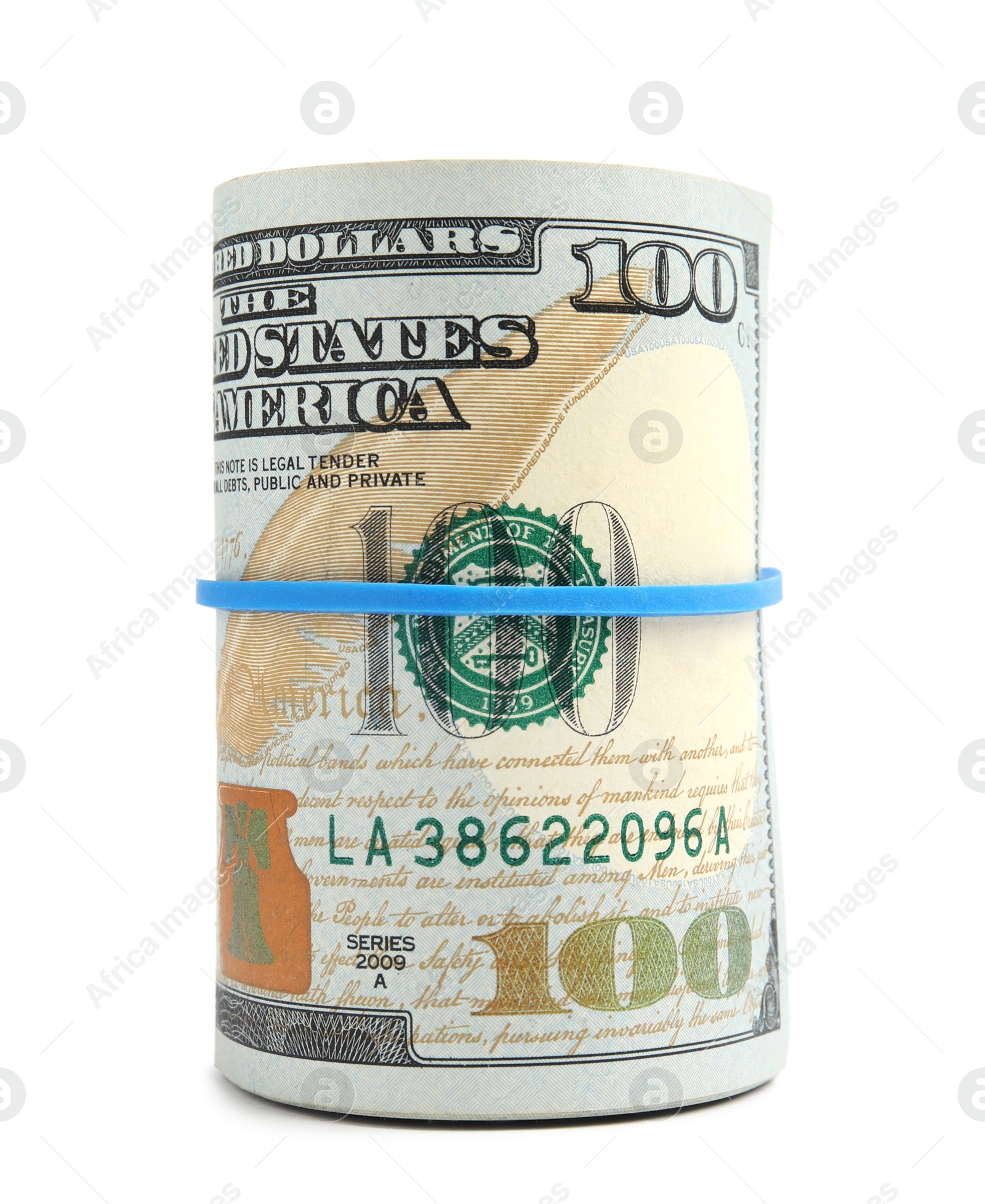 Photo of Roll of dollar bills with rubber band on white background