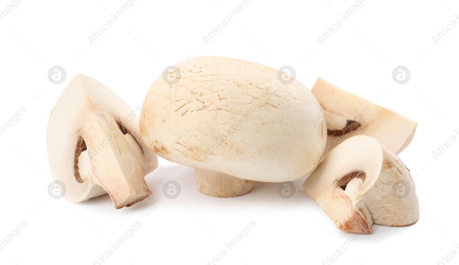 Photo of Fresh raw champignon mushrooms on white background