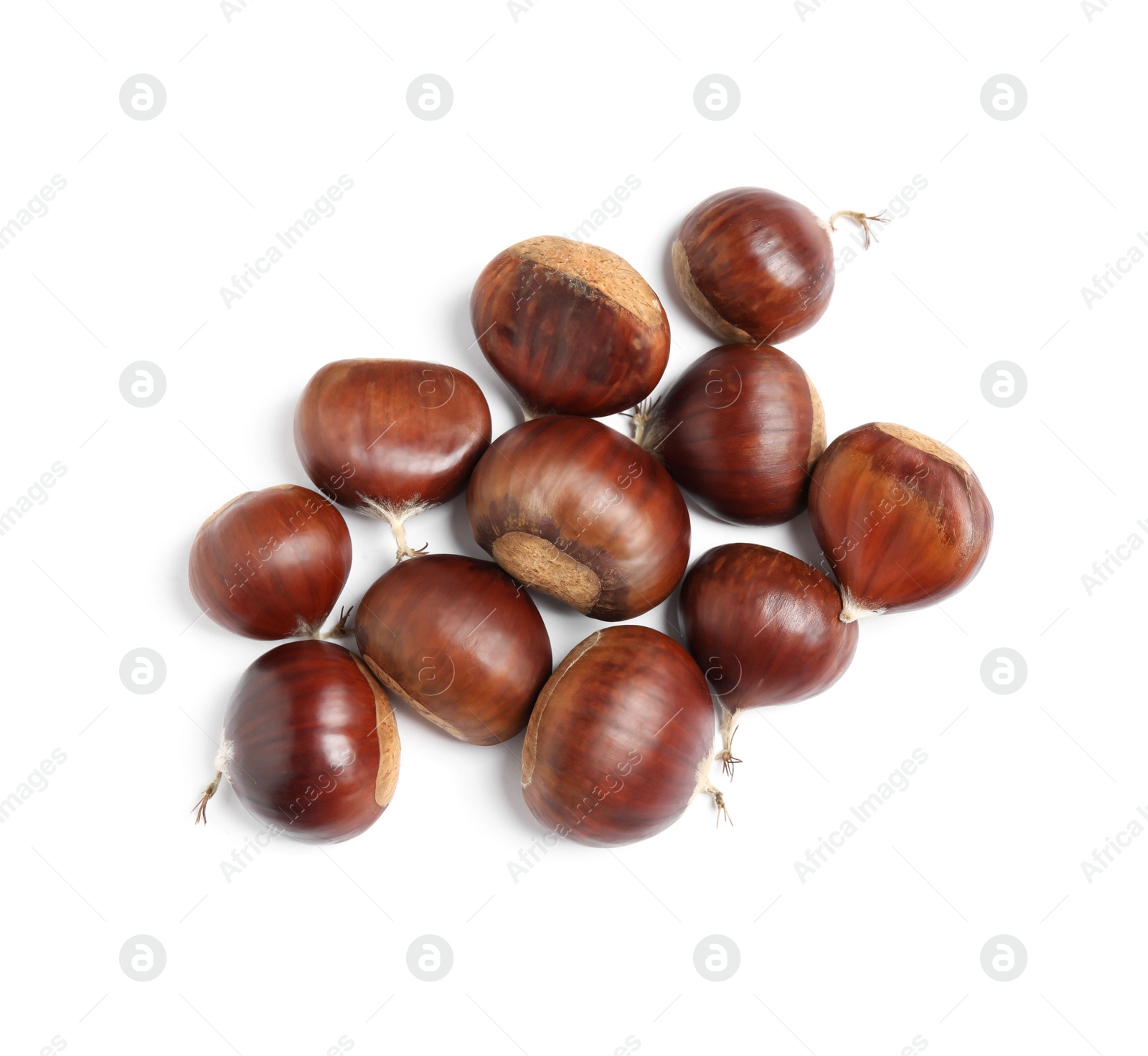 Photo of Fresh sweet edible chestnuts on white background, top view