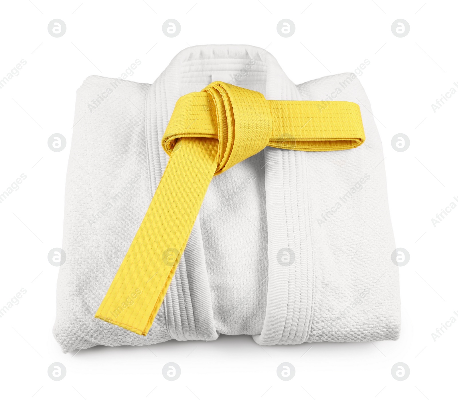 Photo of Martial arts uniform with yellow belt isolated on white