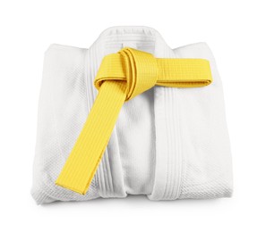 Martial arts uniform with yellow belt isolated on white