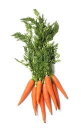 Fresh ripe carrots on white background, top view