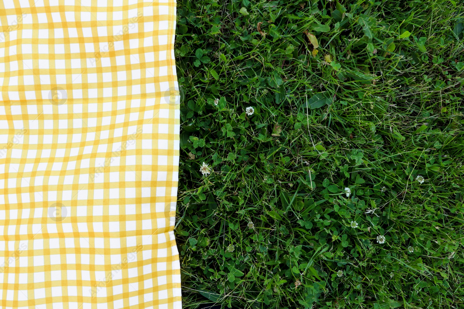 Photo of Checkered picnic tablecloth on fresh green grass, top view. Space for text