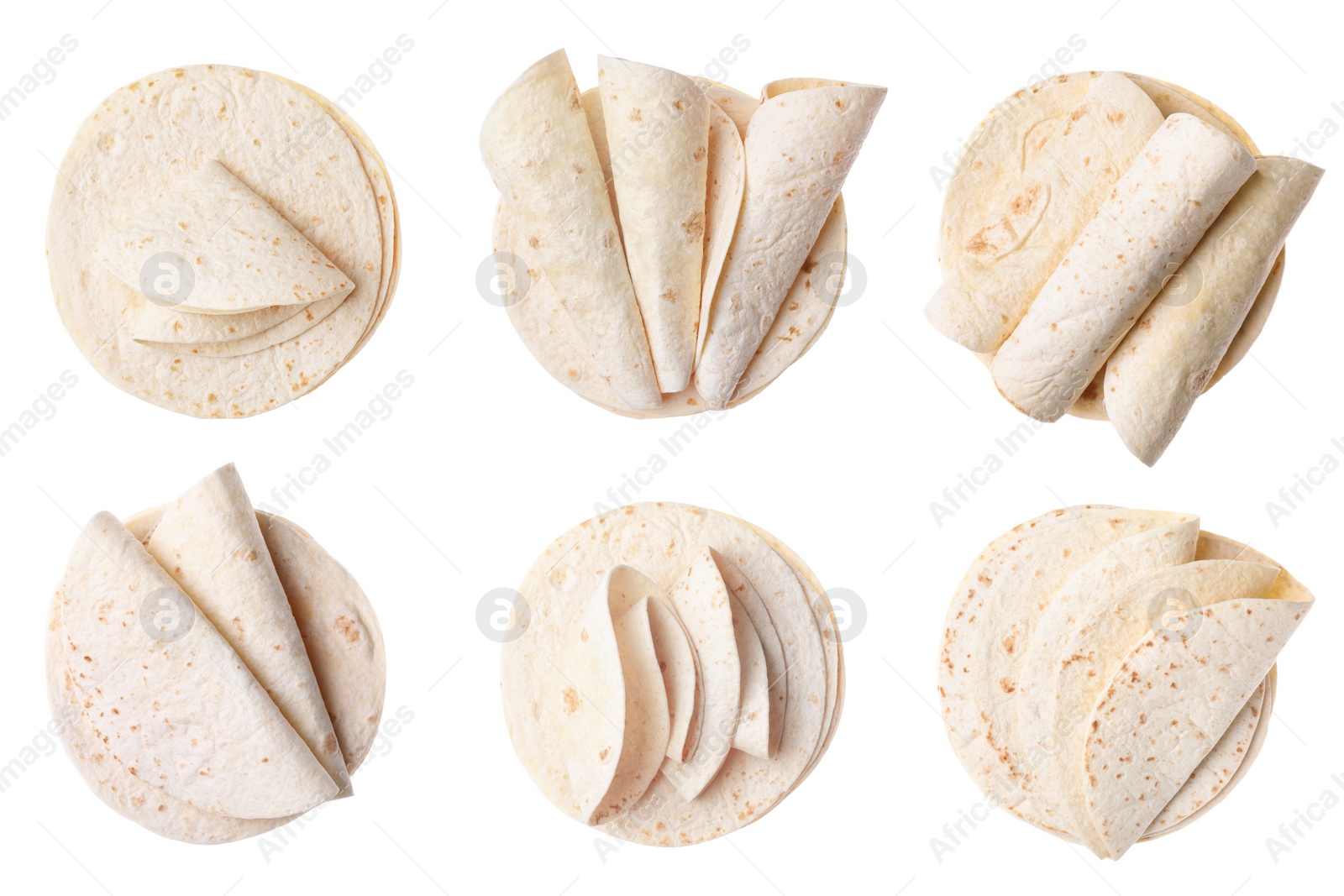 Image of Set of corn tortillas on white background, top view