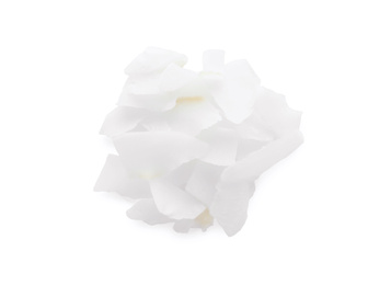 Tasty fresh coconut flakes isolated in white, top view